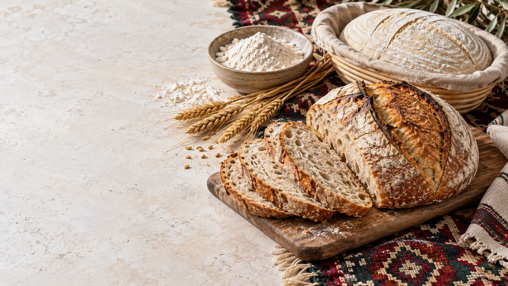 Kilim dokusu üzerinde ekmek, un ve mayalanan hamur