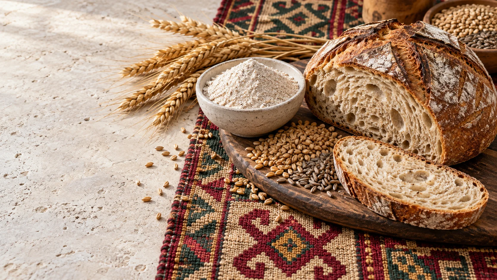 Anadolu kilimi üzerinde un, buğday başakları ve ekşi mayalı ekmek