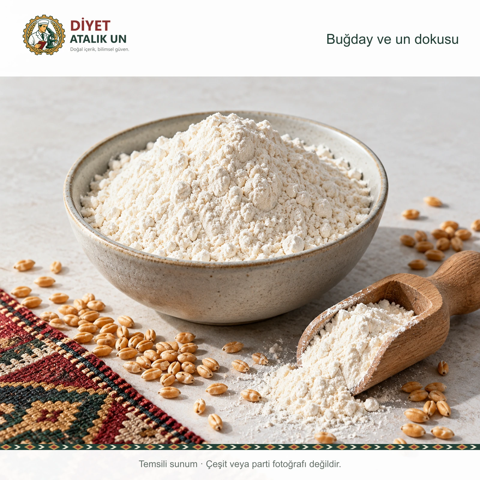 Kilim detayı yanında buğday taneleri ve un kâsesi, temsili sunum